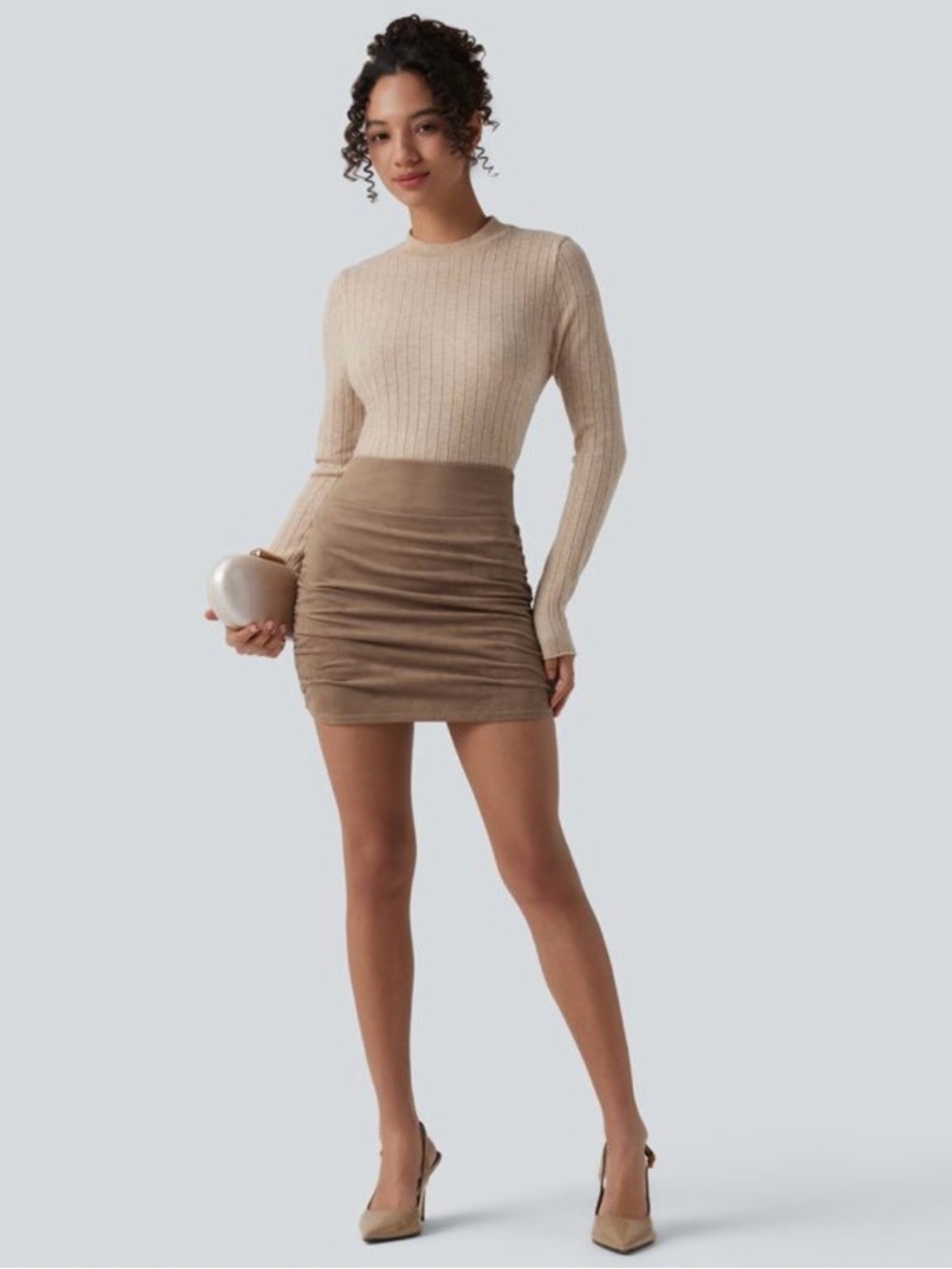 HALARA High Waisted Tummy Control Ruched Curved Hem Bodycon 2-in-1 Suede - Small
